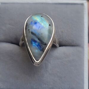 Black Tourmaline in Moonstone Solid Sterling Silver ring. Size 5.5
